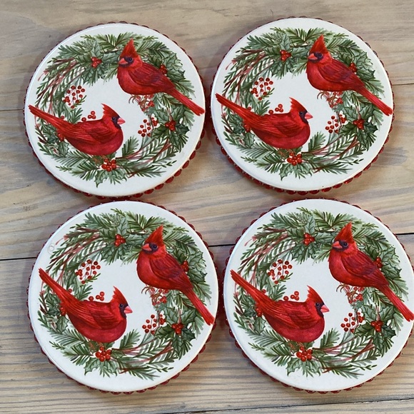 CARDINALS Red Bling Gems Round Coasters Greenery Berries Cork Bottom Set of 4 - Picture 2 of 9